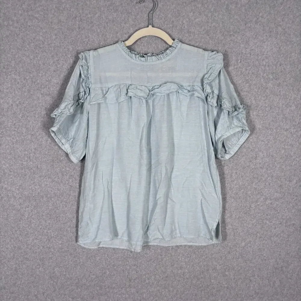 LOFT Ruffle Blouse Medium Baby Blue Linen Puff Feminine‎ Cottage Coquette Dainty